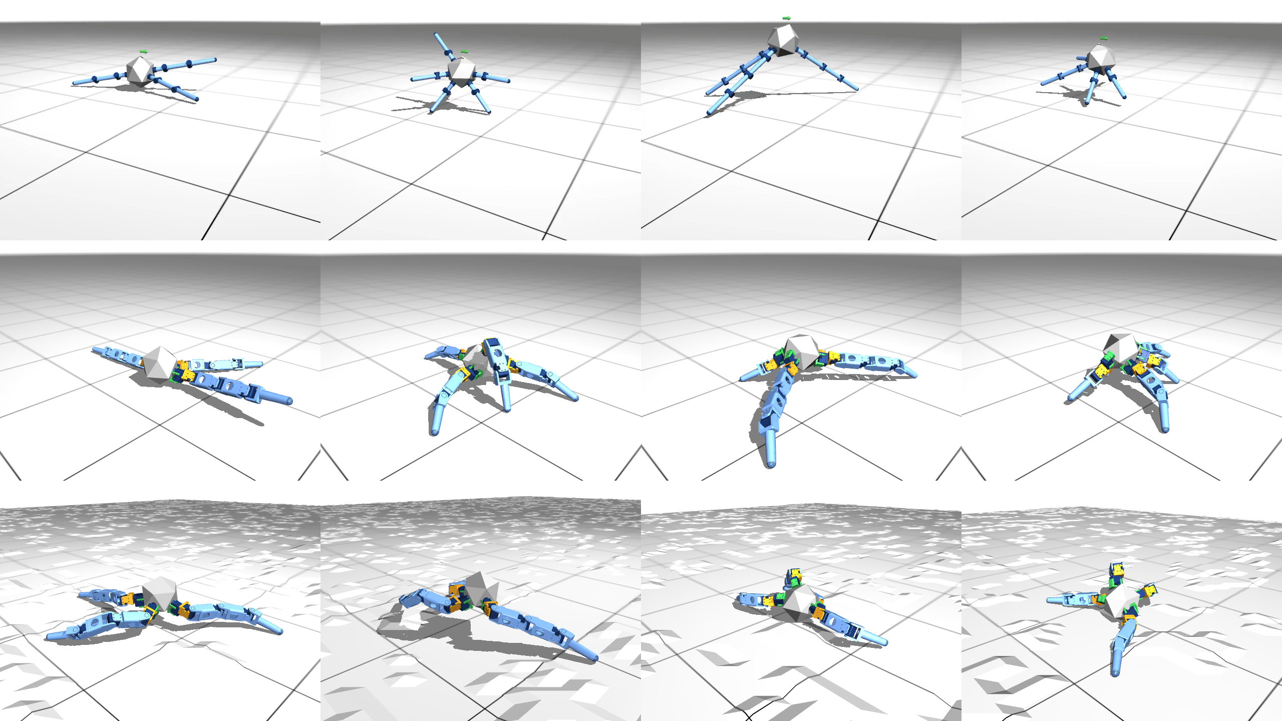 Abstract-simulator candidates, realistic-simulator champions, and the champions walking on rough terrain